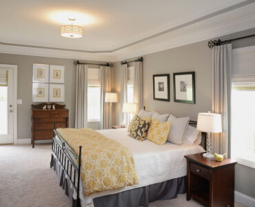 Window Works Studio master bedroom window treatment and bedding ensemble