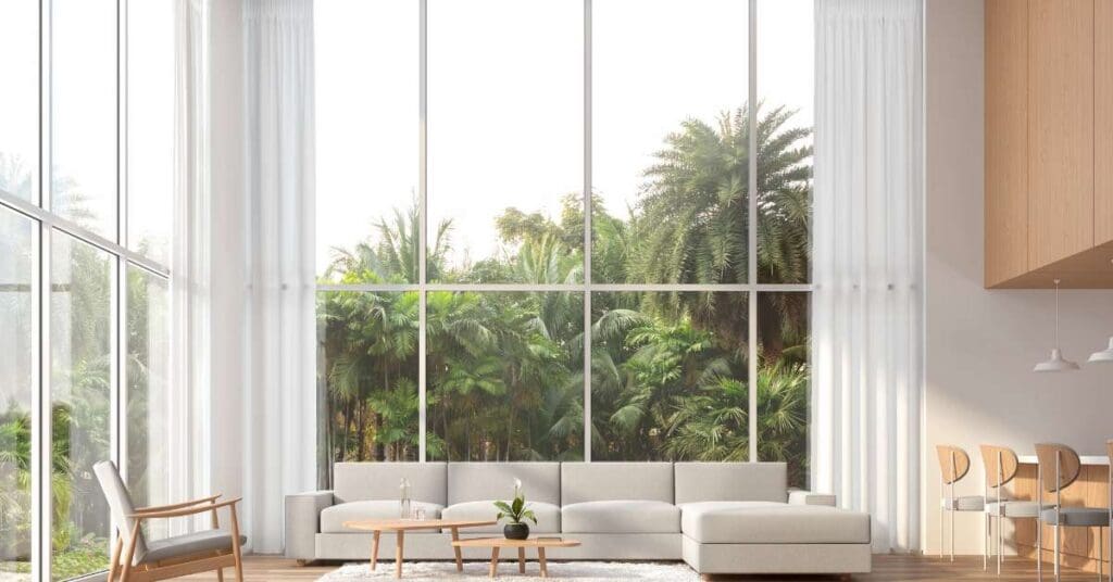 Modern living room with floor-to-ceiling windows, white sofa, light wood furniture, and sheer curtains, overlooking lush green palm trees outside.