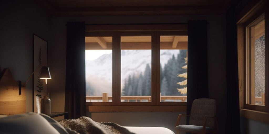 A cozy bedroom with wooden furniture faces a large window, revealing a snowy mountain and pine trees outside.