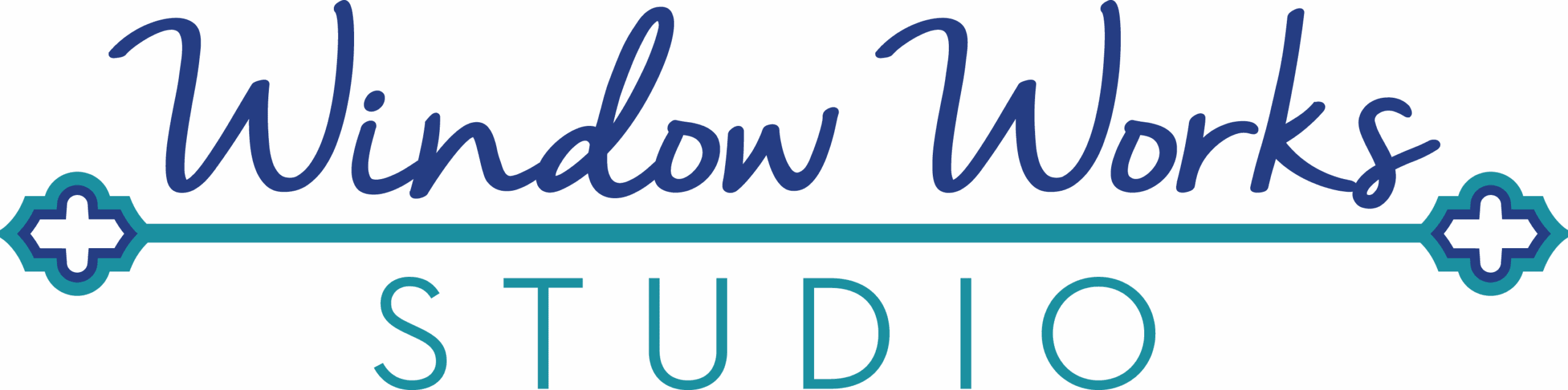 Logo for Window Works Studio with stylized text, a horizontal line featuring decorative elements at both ends, and the word "STUDIO" in uppercase below.