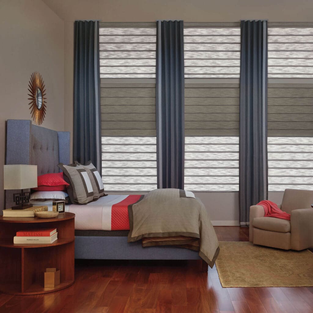 Close-up of the EasyRise operating system on a Hunter Douglas Roman shade.