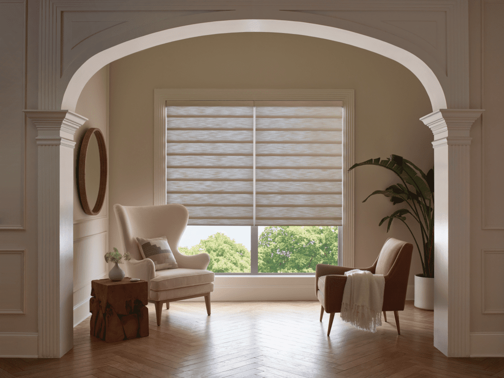 A bright living room with two armchairs, a wooden side table, a round wall mirror, a potted plant, and large windows with horizontal blinds showing green trees outside.